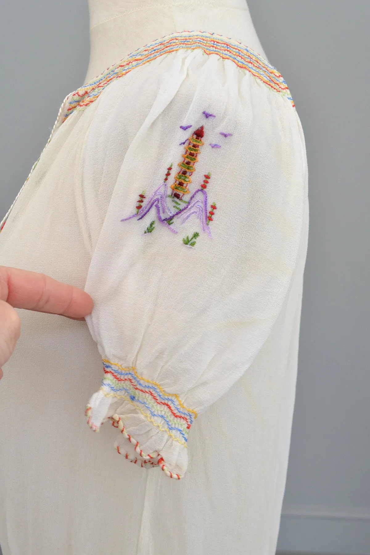 Off White Chiffon Pagoda Embroidered Peasant Top