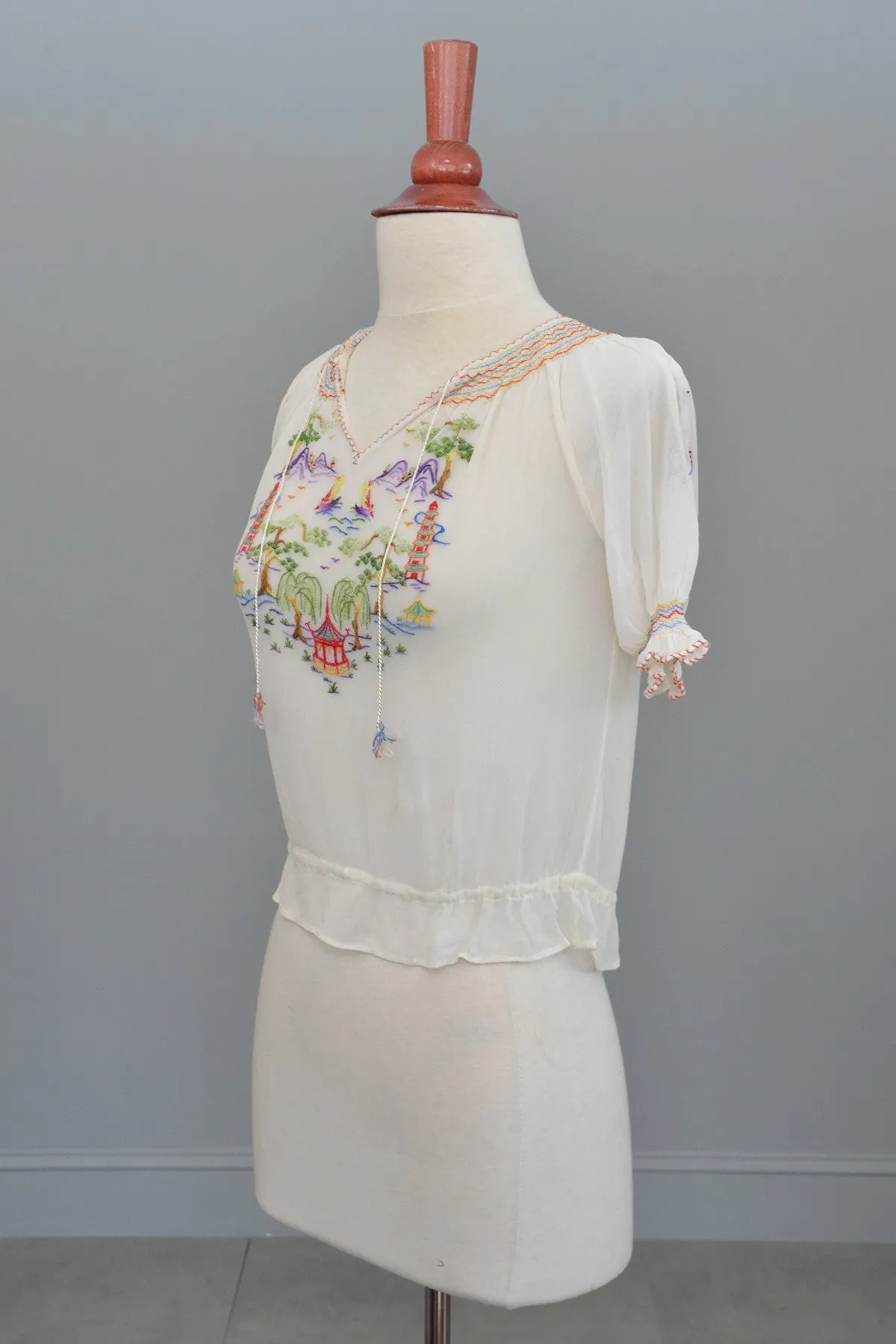 Off White Chiffon Pagoda Embroidered Peasant Top