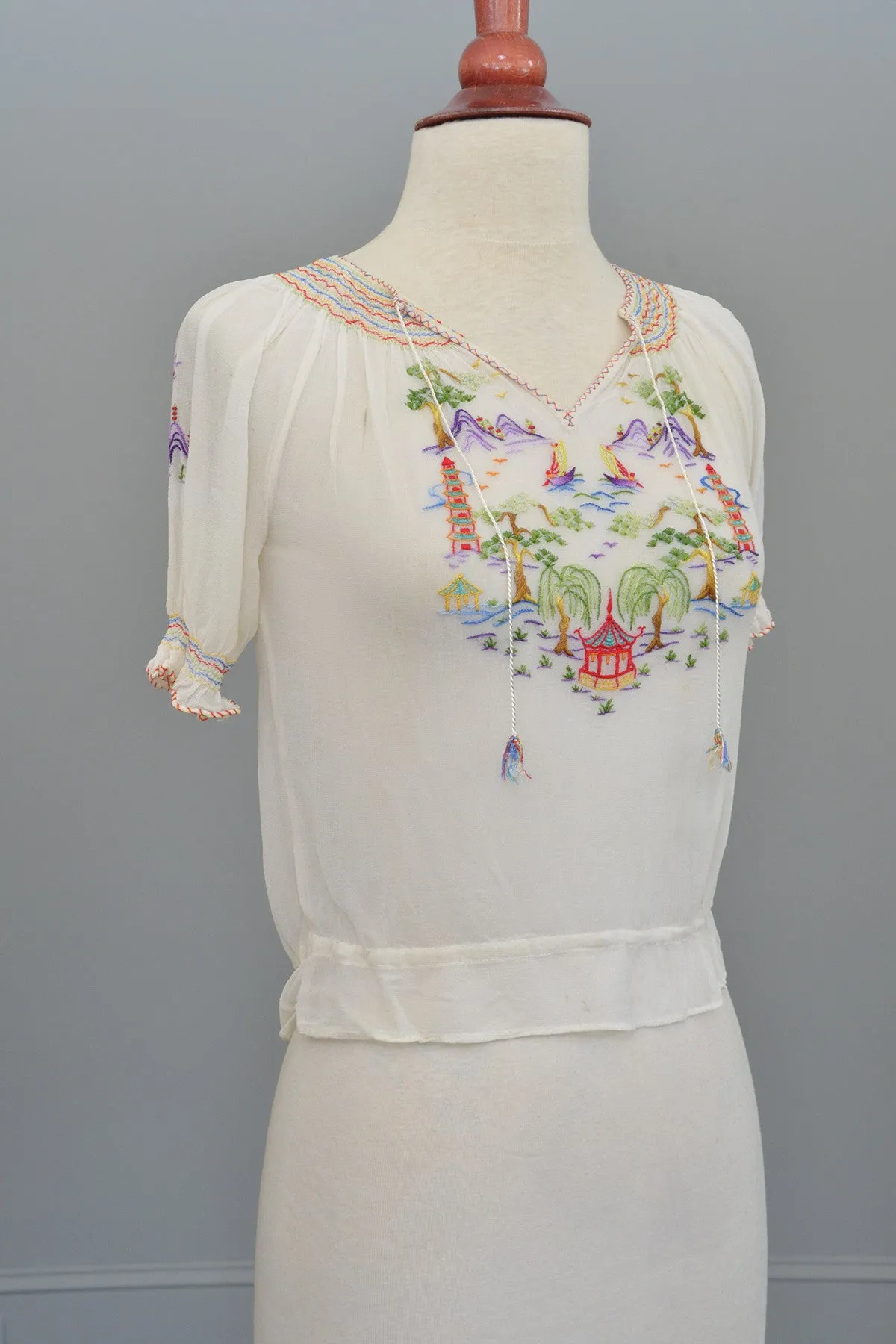 Off White Chiffon Pagoda Embroidered Peasant Top