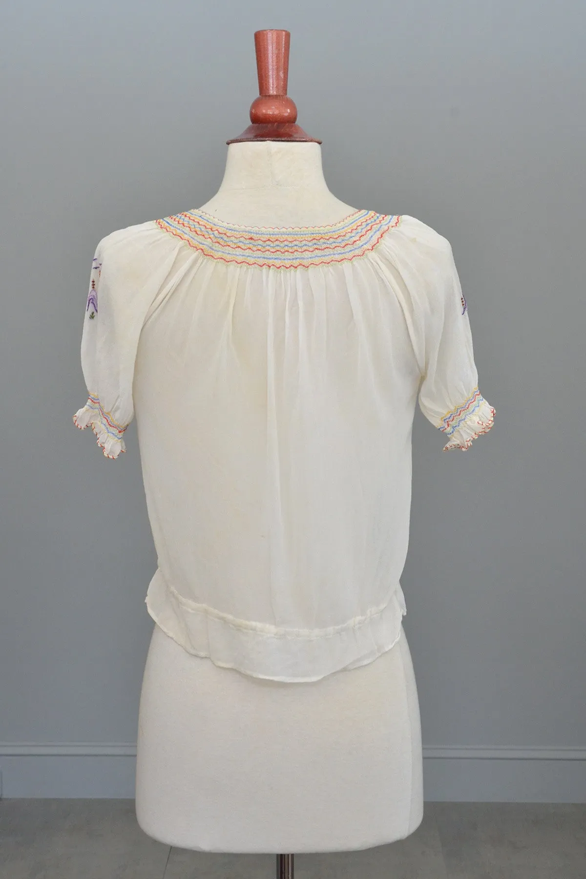 Off White Chiffon Pagoda Embroidered Peasant Top