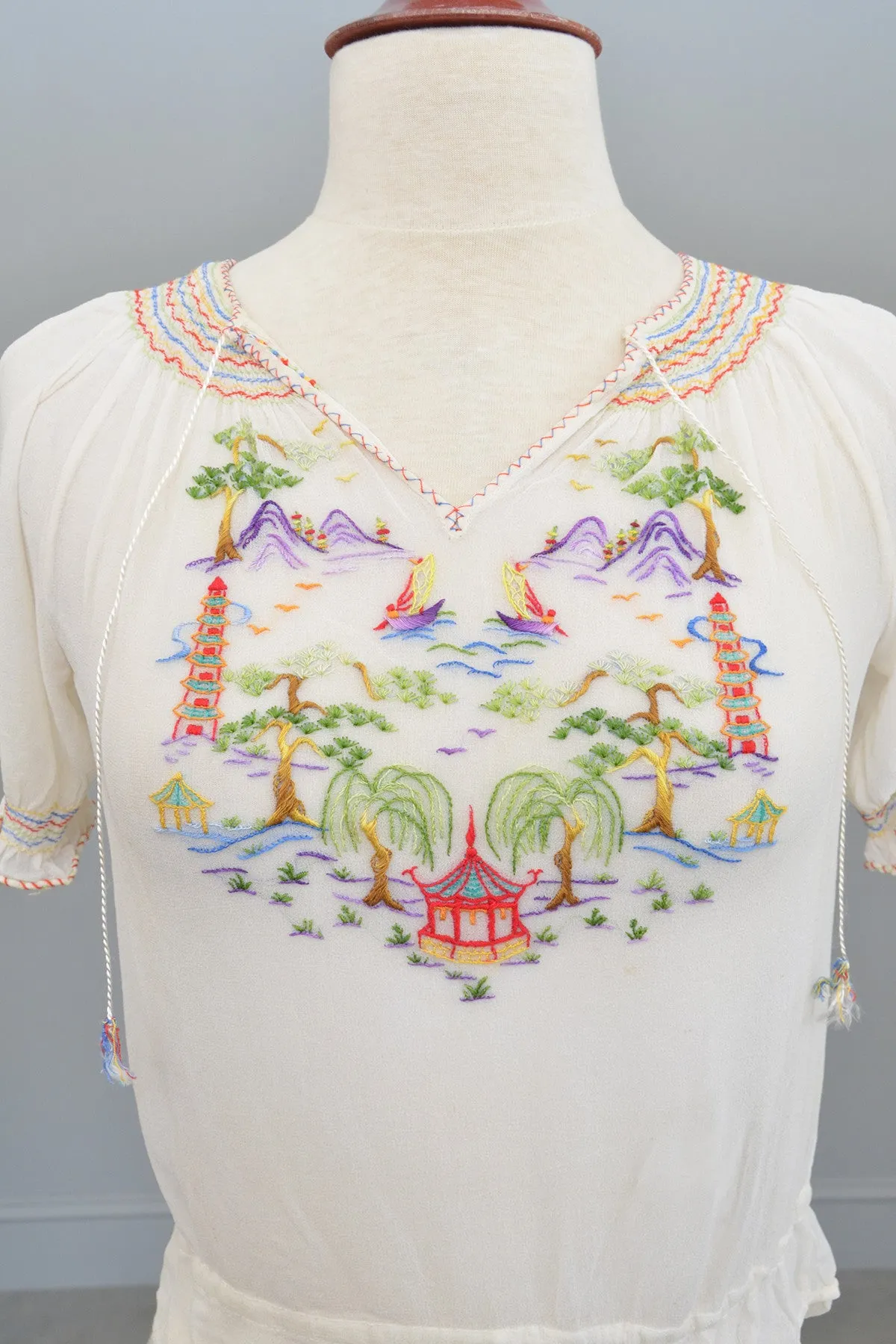 Off White Chiffon Pagoda Embroidered Peasant Top