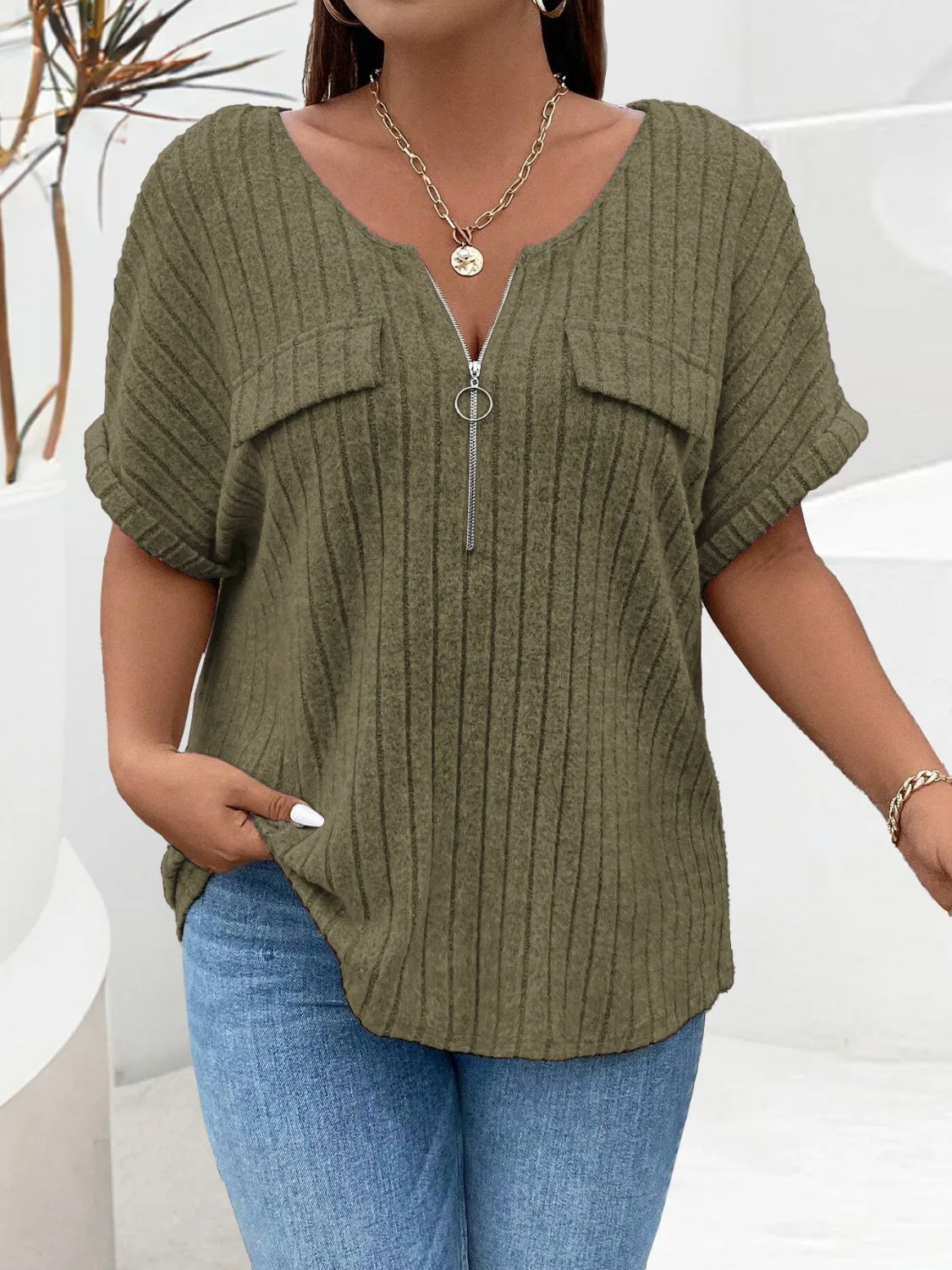 Plus Size Half Zip Short Sleeve T-Shirt