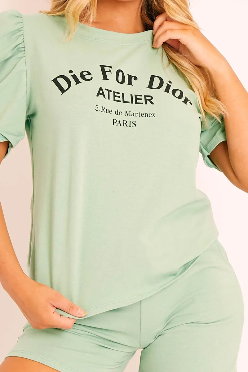 Sage Die For Dior T-shirt and Shorts Loungewear Co-ord - Kaelie