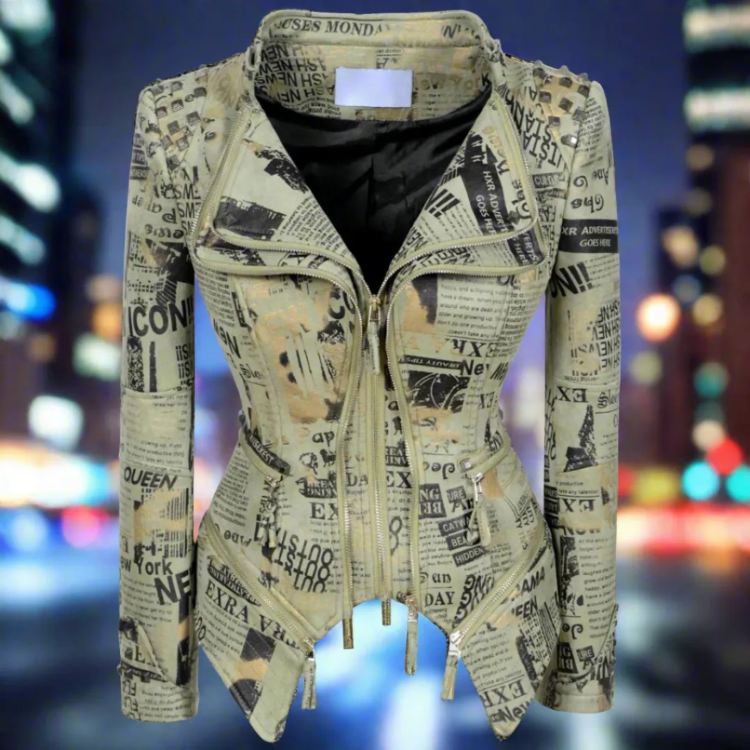 Stylish Newspaper Motorcycle Biker Studded Jacket