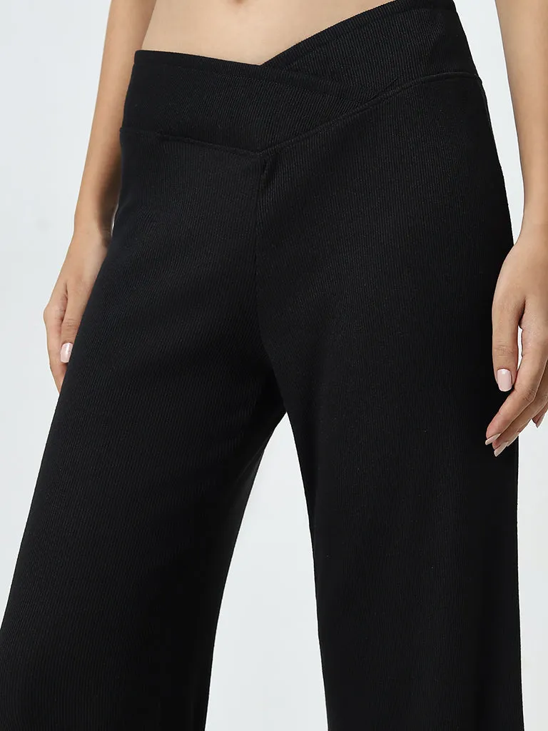 Superstar Black Ribbed Textured High-Rise Pants