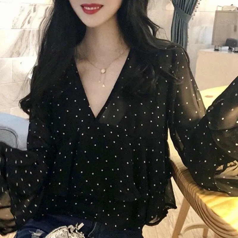 Transparent Ruffled Blouse With Polka Dots