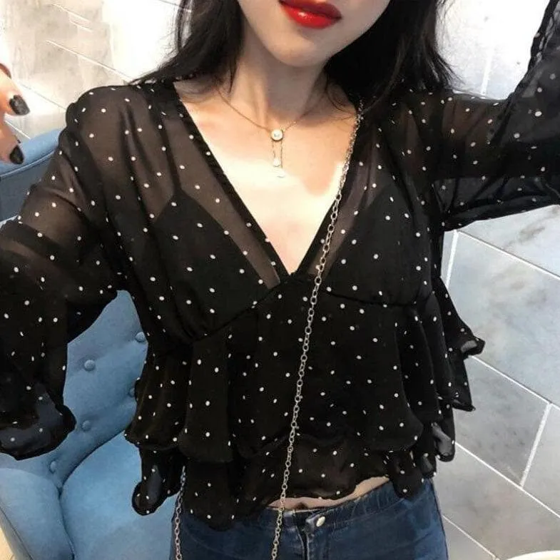 Transparent Ruffled Blouse With Polka Dots