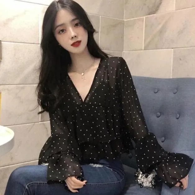 Transparent Ruffled Blouse With Polka Dots