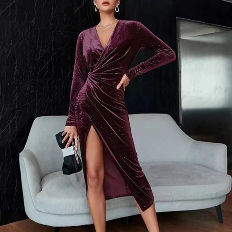 Vestido Gold Velvet Nightclub Slim Evening Dress Fashion Elegant Sexy V-Neck Long-Sleeved Irregular Mid-Length Dress Spring 2022