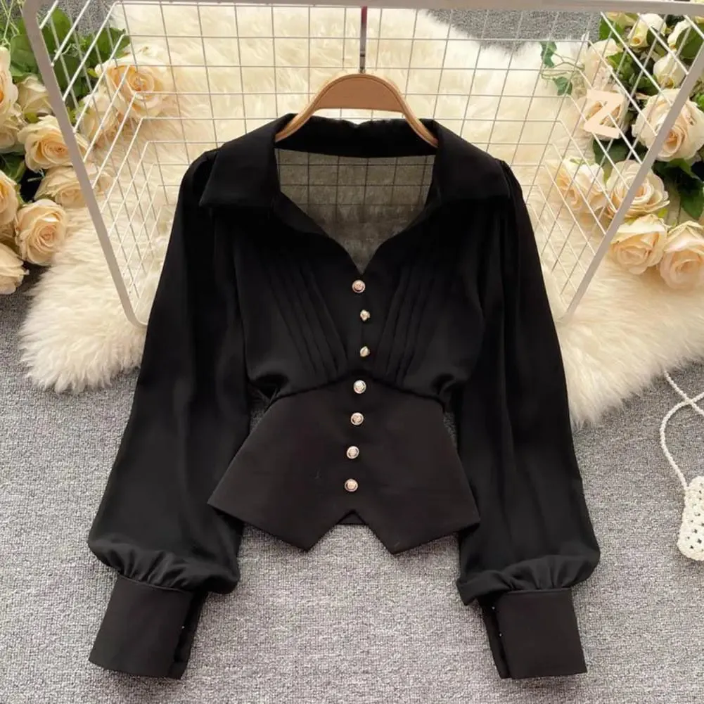 Women French Style Shirt Lapel V-neck Puff Long Sleeve Shirt Buttons Decor Blouse Irregular Hem Solid Color Tops Camisa De Mujer