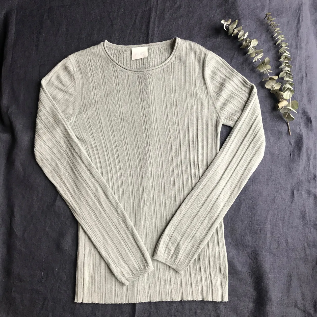 Women's Merino Long Sleeve Rib Top - Pale Sage (M)*PRE-LOVED