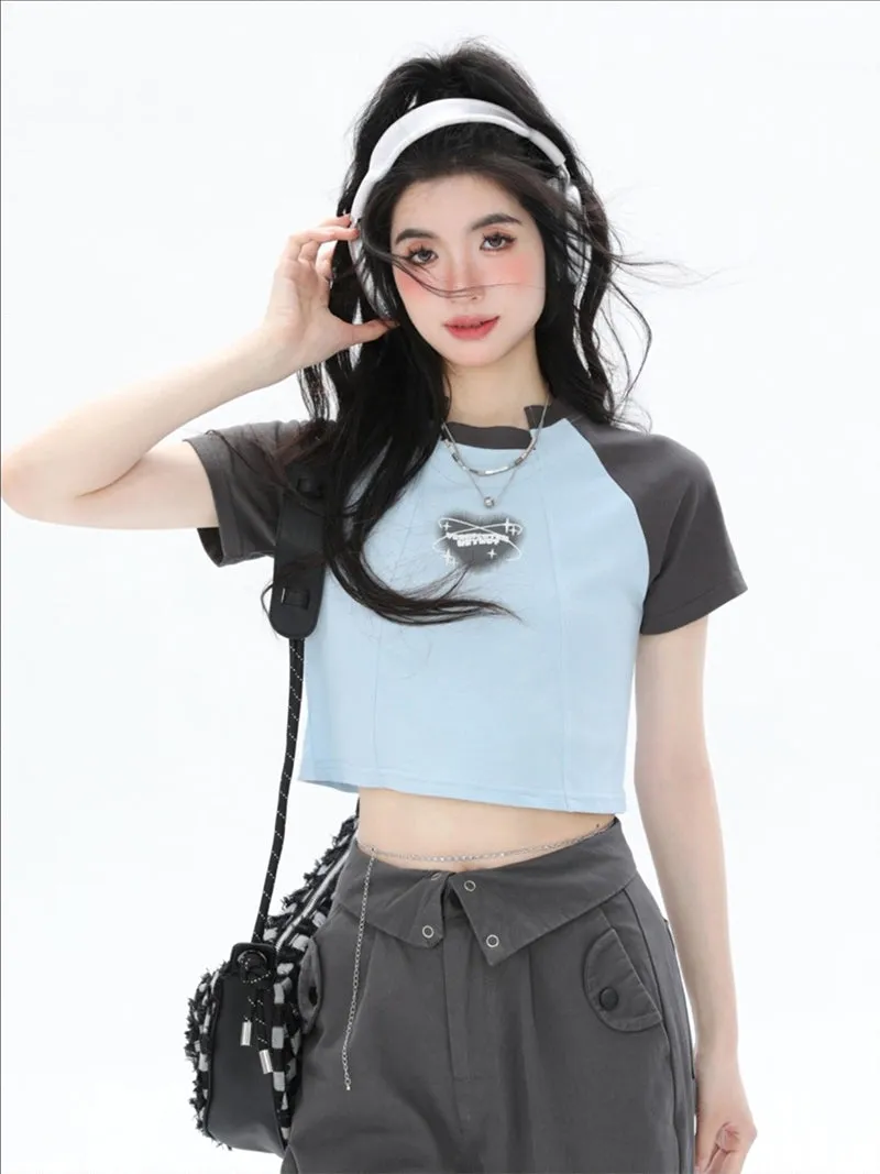 Y2K Style Color Raglan Irregular Niche Design Short Sleeves Slim Crop Tops