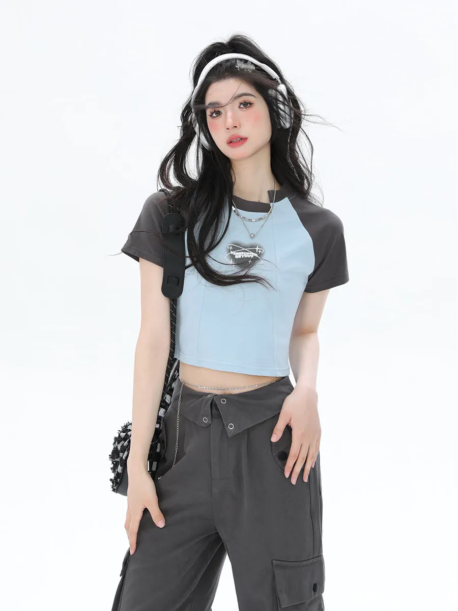 Y2K Style Color Raglan Irregular Niche Design Short Sleeves Slim Crop Tops