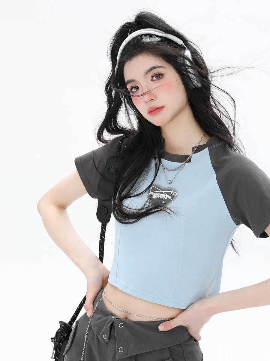 Y2K Style Color Raglan Irregular Niche Design Short Sleeves Slim Crop Tops